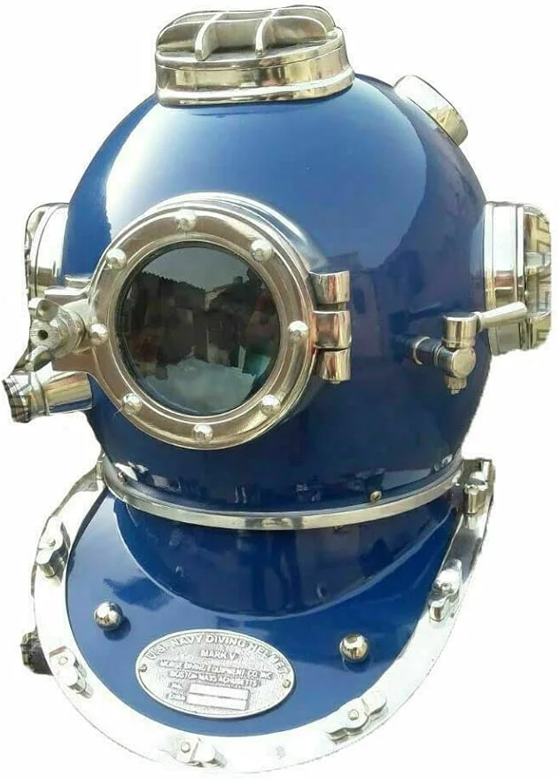 18 Inch Us Navy Diving Helmet Mark V Deep Sea Divers Helmet Blue & Chrome Finish
