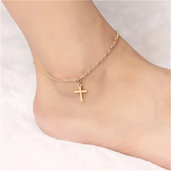 18K-Gold-Plated Hanging Cross Anklet