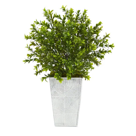 19″ Boxwood Artificial Plant in Embossed White Planter