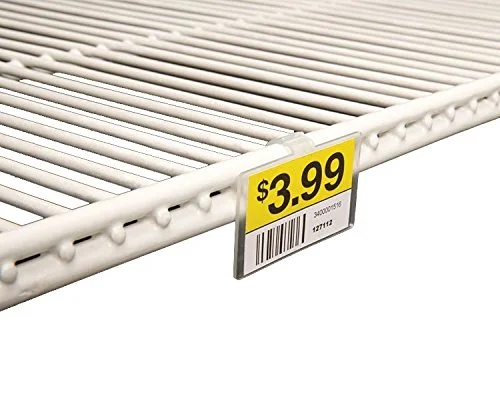 2.25′ L x 1.25′ H Plastic Cooler/Refrigerator UPC Label Holder Clip Organizer for Double Wire Fridge Shelf – 50 Pack