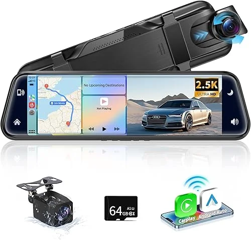 2.5K Mirror Dash Cam Backup with Carplay & Android Auto, 10′ Smart Touch Screen with Rear View Mirror Camera for Car, 1080P Front and Rear Dual Dash Cam Wireless, Parking/Reverse Assist, 64GB Card