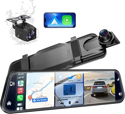 2.5K Mirror Dash Cam with Carplay&Android Auto,9.66′ Rear View Mirror Camera with Stretchable Cam for Cars&Trucks, Smart Touch Screen/Voice Control/64GB Card Included/Parking Monitor/Reverse Assist