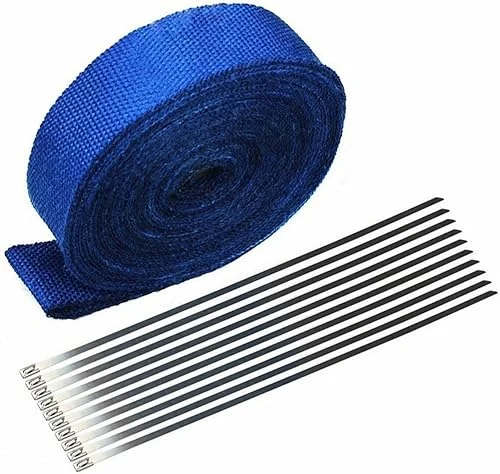 2′ x 50' Exhaust Heat Wrap Roll for Motorcycle Fiberglass Heat Shield Tape with Stainless Ties (Blue)