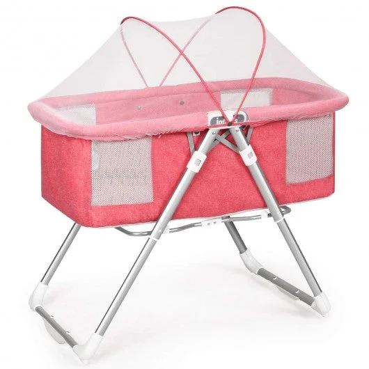 2 in 1 Foldable Crib with Detachable & Thicken Mattress-Pink