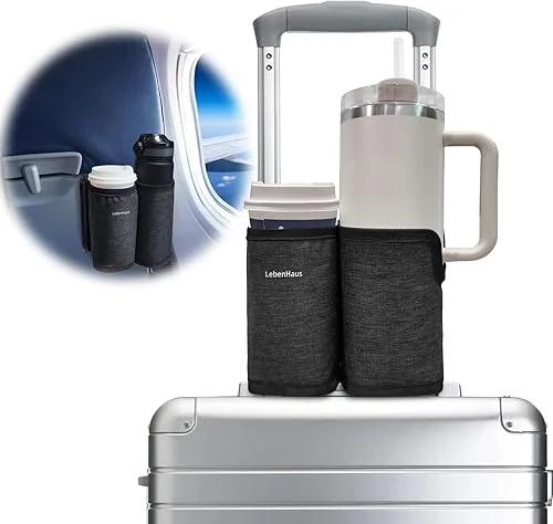 2 in 1 Luggage Cup Holder for Suitcase|Airplane Tray Table Carry on Hands Free Drink Carrier for Stanley Tumblers Coffee Beverage Organizer Gifts for Travelers (Black)