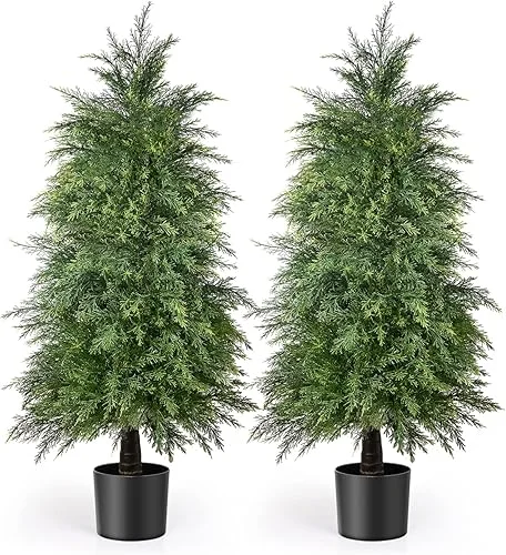 2 Pack 4ft Artificial Cedar Topiary Trees for Outdoor Front Porch Décor, UV Rated Fake Potted Plants for Indoor and Outdoor Use