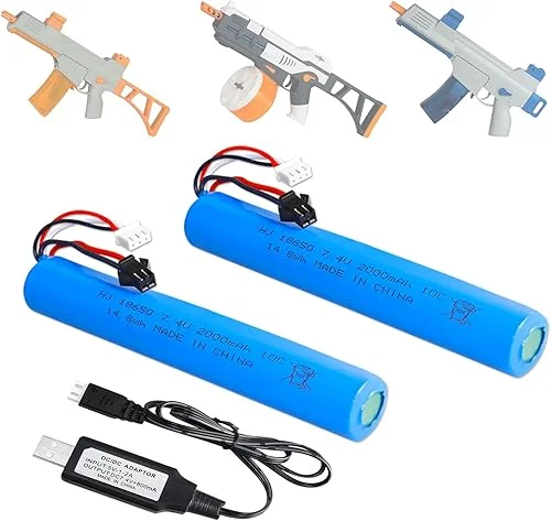 2 Pack 7.4V 2000mAh Battery Splatter Ball Gun Battery Pack Accessories for SRB1200 400 400-SUB Airsoft or Water-Gun Toy with USB Charging Cable Rechargeable Lithium Battery SM2P XH-3 Plug