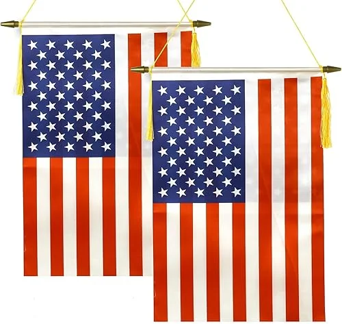 2 Pack American Wall Flags Banner, USA Hanging Flag with Wooden Hanging Pole and Satin Finish – for School Classroom Club Home Door Decoration(18×12) Inch