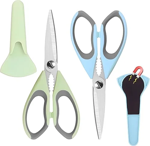 2 Pack Heavy Duty Shears Kitchen Scissors with Magnetic Holder,Dishwasher Safe Stainless Steel Meat Cooking Shears,Multifunctional All Purpose Sharp Scissors Set for Food,Meat,BBQ,Pizza(Blue,Green)
