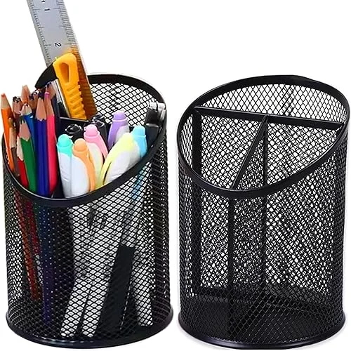 2 Pack Mesh Pencil Holder Pen Cup for Desk Round Black Pen Holder Desktop Pen Organizer 3 Compartments Pencil Organizer Desk Organizer for Office Home School