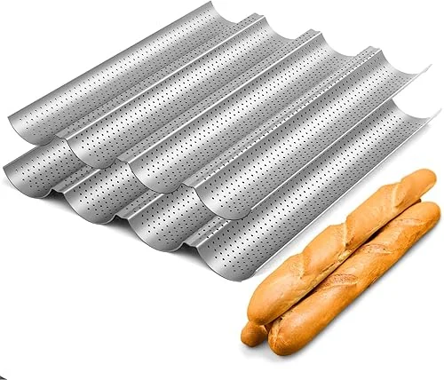 2 Pack Nonstick Perforated Baguette Pan 15′ x 13′ for French Bread Baking 4 Wave Loaves Loaf Bake Mold Oven Toaster Pan (Silver)