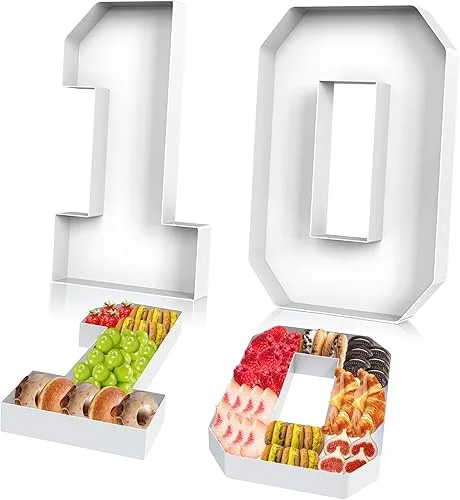 2 Pcs Cardboard Numbers Fillable, 12'' Paper Mache Numbers, Number Trays for Food Cupcake Chocolate Candy, Number Boxes for Charcuterie Birthday Anniversary Party Decoration(10)