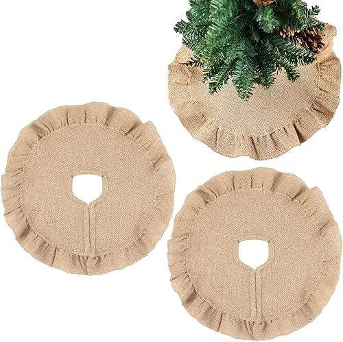 2 Pcs Christmas Tree Skirt 15.7 Inch Small Linen Burlap Tree Skirts Mat for Christmas Holiday Party Decorations