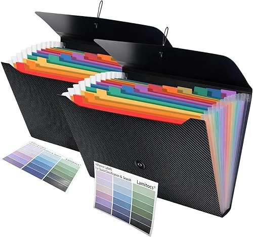 2 PCS Expanding File Folder A4,13 Pockets File Organiser with Colored Tags, Paperwork A4 Plastic Wallet Document Storage Expander for School,Office and Home, Black(Color), 2