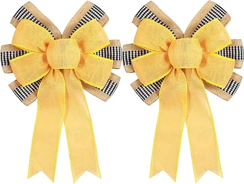 2 PCS Spring Summer Wreath Bow Decor,Decorative Bow with Yellow Burlap and Black White Stripe Ribbon for Holiday Tree Topper Home Front Door Outdoor