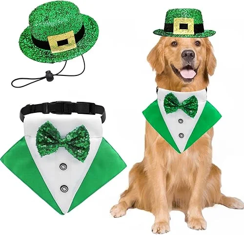 2 PCS St. Patrick's Day Costume Dog Bandana Collar and Pet Top Hat Buckle Green Dog Bow Tie Formal Tux Clothes with D-Ring Irish Tuxedo Saint Patrick Outfits for Dogs Puppy Cat Party Dress (Large)