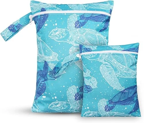 2 Pcs Wet Bags Waterproof Reusable Zippered Pocket Cloth Diaper Wet Dry Bags for Travel Beach Pool Swim, Baby Diapers,Gym Yoga Wet Clothes,Swimsuit,water wipes(Blue turtle)