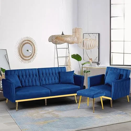 2 Pieces Velvet Futon Sofa Set with Adjustable Backrests and Armrests, 70” Convertible Sofa Bed & Tufted Accent Chair with Ottoman for Living Room, Blue