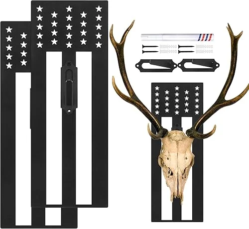 2 Set Deer Skull Mount Flag Skull Mount Hanger European Deer Plaque Hanger Kit USA Flag Decor Prey Display Rack for Husband Father Hunter(Flag Style,15.8 x 5.9 Inches)