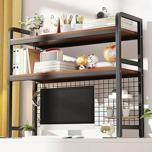 2-Tier Desktop Hutch Bookshelf Metal Desk Shelf Dorm Bookcase for Computer Desk Countertop Storage Organizer Display Rack for Office Home (Black, 53.1in)