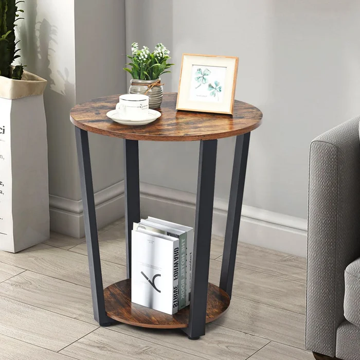 2-Tier Round End Tables with Storage Shelves & Metal Frames (Set of 2)