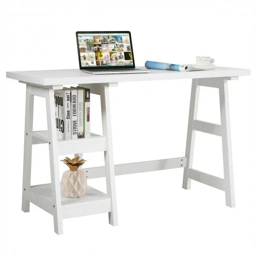 2 Tier Shelf Wooden Trestle Computer Table Writing Desk
