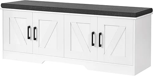 2-Tier Storage Bench, Shoe Bench with Padded Seat Cushion, Entryway Bench with 4 Barn Doors, Adjustable Shelf, 13.8′ D x 47.2′ W x 17.7′ H, for Entryway, Living Room, Bedroom, White