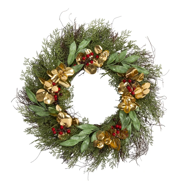 20″ Cedar, Ruscus, Berries and Golden Eucalyptus Artificial Wreath