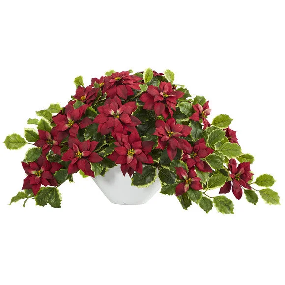20″ Poinsettia and Variegated Holly Artificial Plant in Oval White Planter
