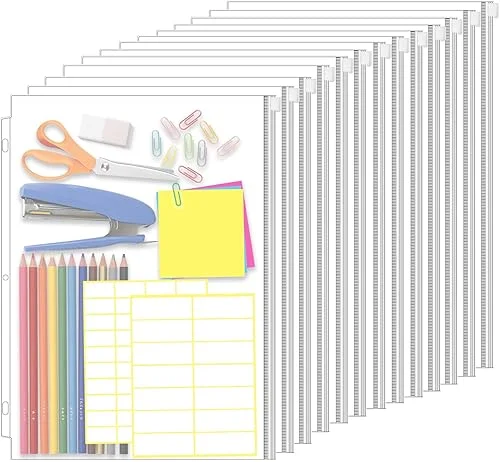 20 PCS Zipper Binder Pockets Letter Size, 8.5×11 Inch Binder Pouches 3 Ring, 3 Holes Clear PVC Loose Leaf Bags for Documents, Calculators, Receipts, Stationery with 5 Sheets Labels