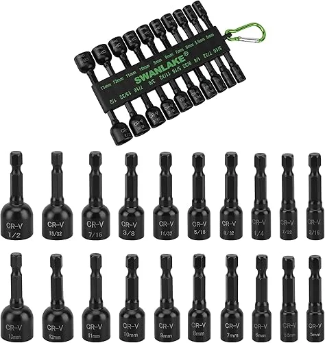 20-Piece Magnetic Nut Driver Set, Metric & SAE 1/4′ Hex Shank, Drill Socket Set, Impact Driver Bit Set, Magnetic Bit Holder with Aluminum Alloy Snap Clip, Quick Change Tool