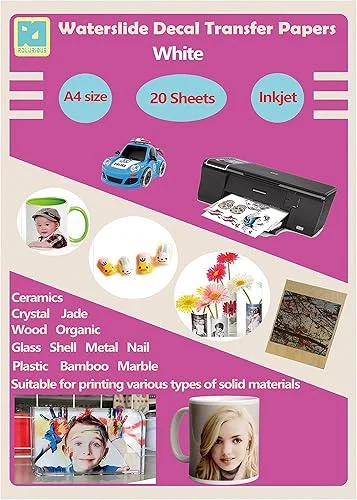 20 Sheets Inkjet White Waterslide Decal Paper A4 Size DIY Printable Water Slide Transfer for Tumblers Mugs Glasses Wood