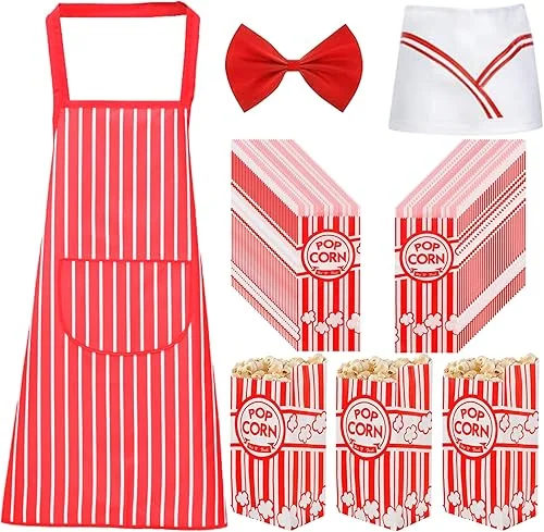 200 Pieces Paper Popcorn Bags and Popcorn Red White Striped Apron with Chef Hat and Bow Tie | 200 pcs Food Grade Popcorn Bags for Movie Night & Birthday Party