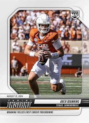 2024 Panini Instant Arch Manning #AMA- Manning Tallies First Career Touchdowns – 8/31/24 – Football NCAA Trading Card- Texas Longhorns. Each Card Stamped 1 of 5147 on Back. Card Shipped in Protective Screwdown Holder.