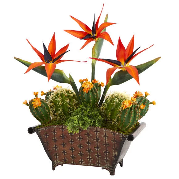 21″ Bird of Paradise and Cactus Artificial Plant in Metal Planter