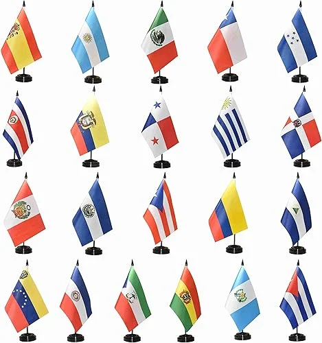 21 Spanish Language Speaking Countries Desk Flags Small Mini Stick Flags for Classroom Latin American Latino Table Flags Come with Black Base 5×8 Inch