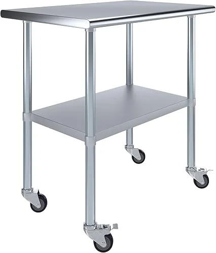 24′ X 36′ AmGood Stainless Steel Work Table | Commercial & Residential Kitchen Laundry Garage Utility Bench | NSF Metal Prep Table (24′ x 36′ Table + Casters)