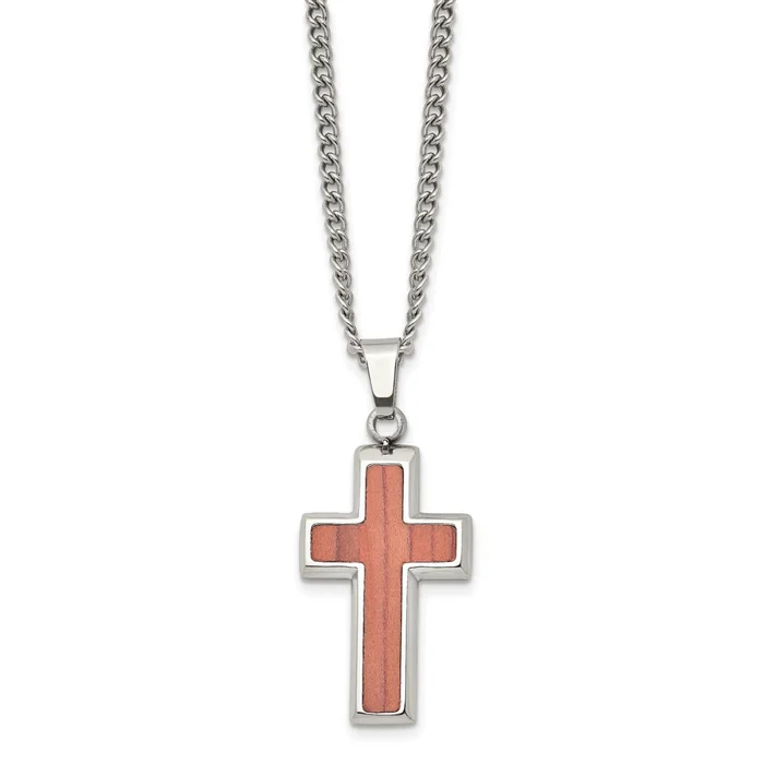 24-inch Stainless Steel Polished Wood Inlay Cross Necklace