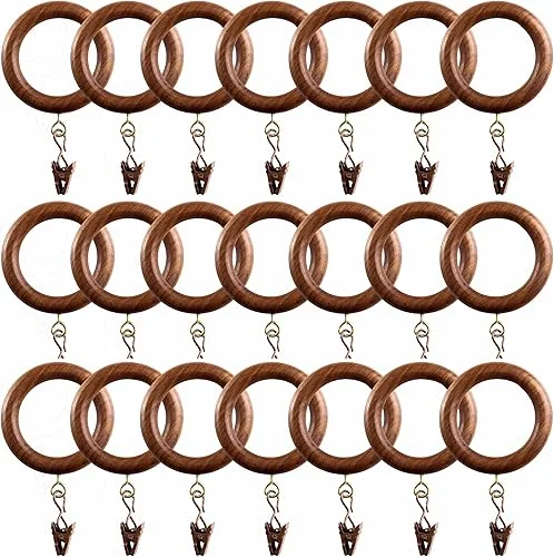 24 Pack Wooden Drapery Curtain Rod Rings with Clips for 1 inch to 1.5 inch Rod Pole, 1.75 inch Inner Diameter, Natural Rosewood (24, 1.75 INCH Inner Dia)