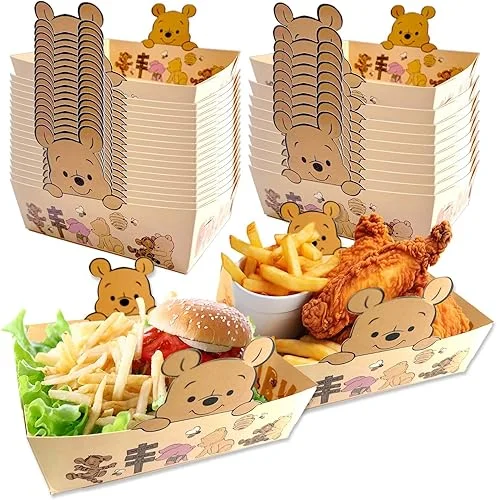 24 PCS Classic Winnie Party Party Plates, Large Size Winnie Baby Shower Party Favors Paper Food Serving Tray，Winnie Baby Shower Decorations，Party Plates Nacho Paperboard Hot Dog Popcorn