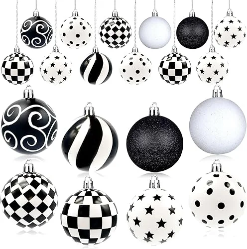24 Pieces Black and White Winter Balls Dot Hanging Christmas Ball Christmas Polka Dot Ornaments Farmhouse Christmas Ball Ornaments Black and White Checkered Ball Ornament for Christmas Tree Decor