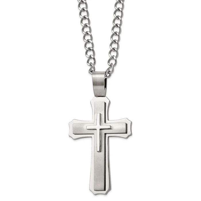24in Stainless Steel Brushed and Polished Large Cross Necklace
