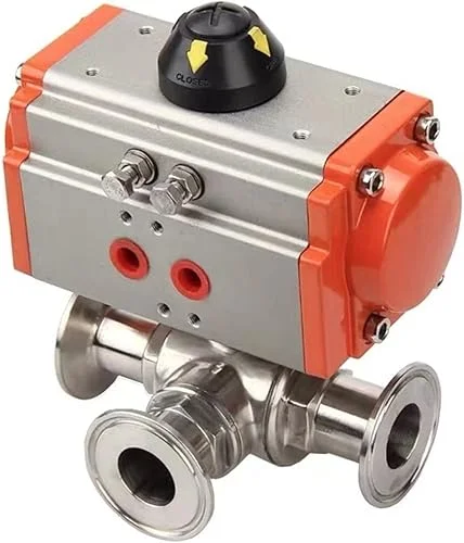 25mm 3 Way Stainless Steel Sanitary Tri Clamp Ferrule T/L Type Pneumatic Ball Valve With Double Acting Cylinder 1Pcs(Color:T Type)