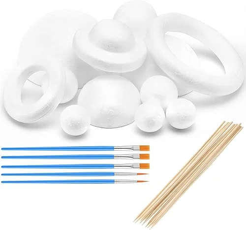 27 Pieces Solar System Model Kit Includes 12 Mixed Sized Foam Balls and 10 Long Bamboo Sticks and 5 Painting Brushes for Kids School Science Projects Arts and Crafts Supplies