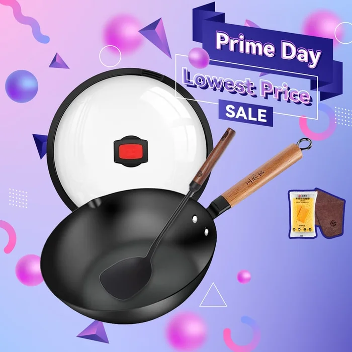 28CM Carbon Steel Wok Flat Bottom Woks And Shovel With Lid No Chemical Coated Wok For All Stoves