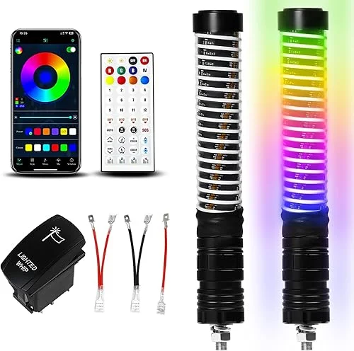 2pc 1FT COB Fat Whip Lights with App & Remote Control Compatible with Polaris RZR Can-Am Maverick X3, Spiral RGB Chasing LED Whip Lights with Rocker Switch for Side by Side, SXS UTV ATV Boat