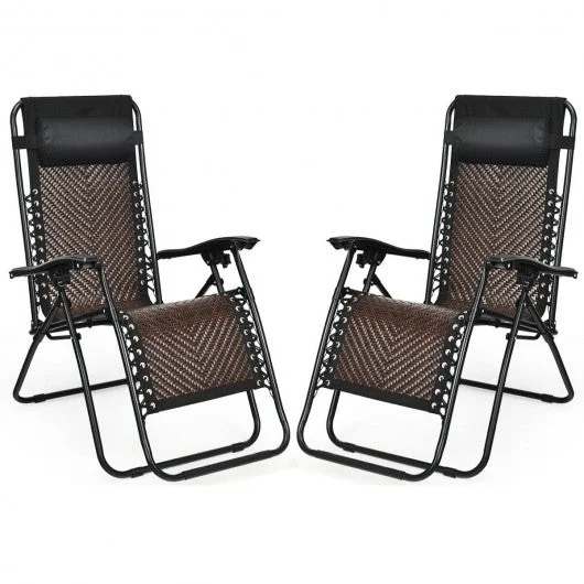 2Pcs Folding Patio Rattan Zero Gravity Lounge Chair-Coffee