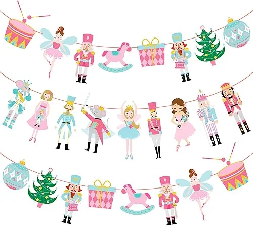 2PCS Nutcracker Christmas Banners Nutcracker Party Supplies Christmas Party Banner Decorations Nutcrackers Ballerina Soldier Hanging Banners for Merry Christmas Holiday Party Supplies