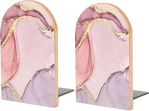 2PCS Pink Wood Bookends for Shelves, Glitter Rose Gold Pink Marble Book Ends Book Stand Supports for Home Office School Study Room Desk Shelves Decor (1 Pair) Pink