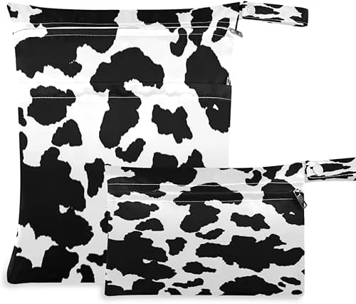 2pcs Wet Dry Bag Black Animal Cow Print Cloth Diaper Bags Waterproof Wet Bags Washable Wet Dry Organizer Pouch with Two Zippered Pockets for Swimsuits Travel Hiking Baby Stroller